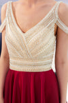 Cold Shoulder Beading V-Back Long Burgundy Prom Dress