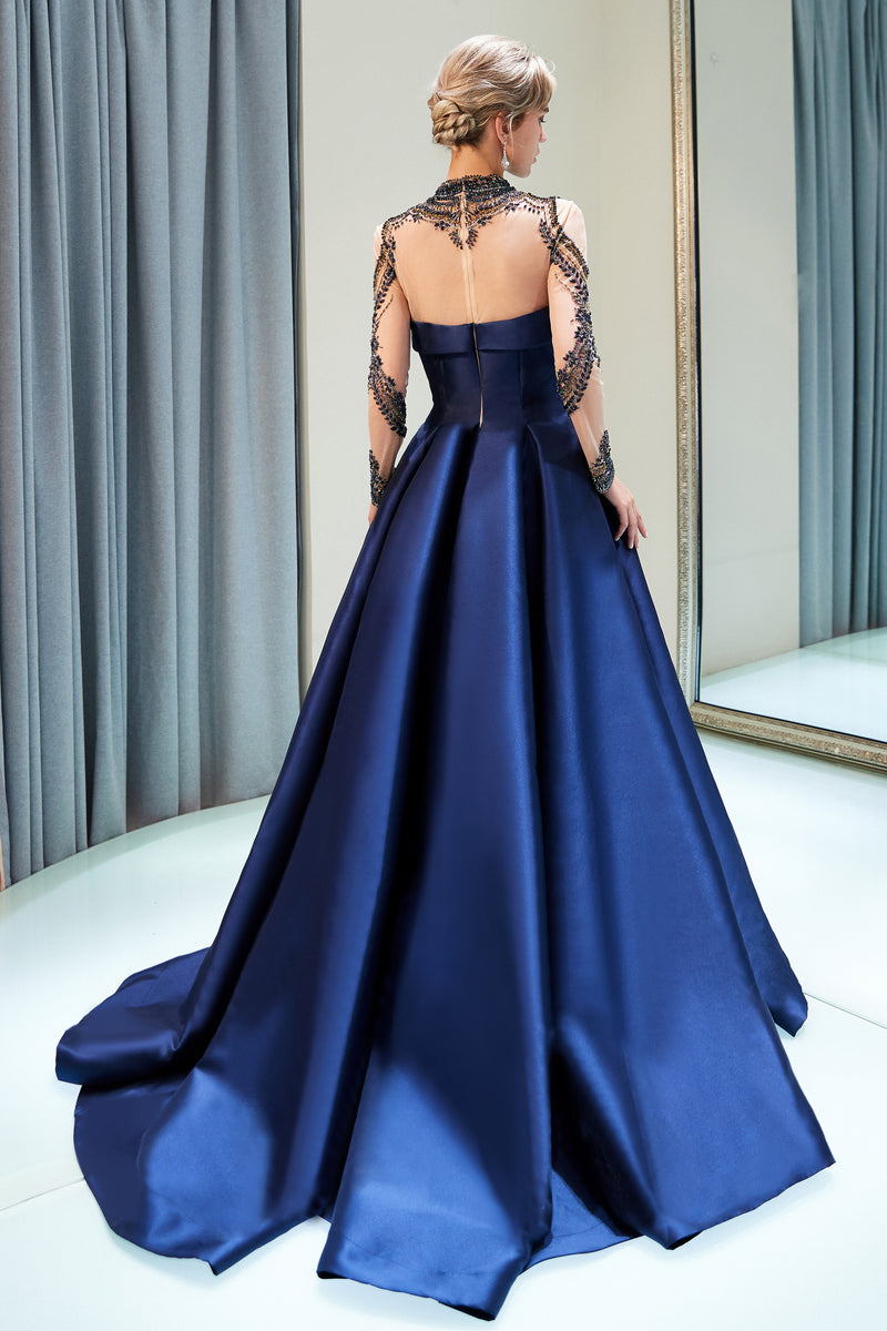 Illusion Sleeves High Neck Navy Blue Ball Gown Prom Dress with Crystals