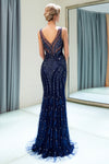 V-Back Beaded Sheath Long Navy Blue Prom Evening Dress