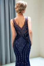 V-Back Beaded Sheath Long Navy Blue Prom Evening Dress