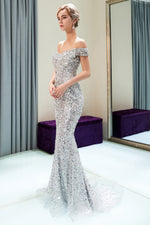 Slash Neck Sequined Mermaid Silver Sweep Prom Dress