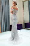 Slash Neck Sequined Mermaid Silver Sweep Prom Dress