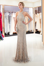 Halter Sheath Beading Champagne Long Evening Dress with Open Back