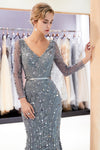 Mermaid Long Sleeves Grey Prom Evening Dress with Multi-Colored Sequins