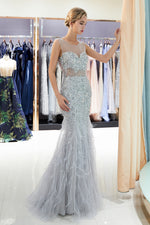 See-Through Mermaid Sequined Silver Long Prom Dress