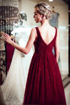 Sparkling V-Neck Sequined Burgundy Sweep Prom Dress