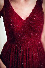 Sparkling V-Neck Sequined Burgundy Sweep Prom Dress