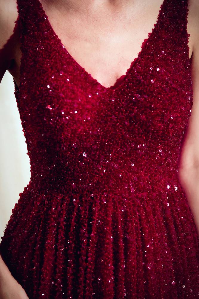 Sparkling V-Neck Sequined Burgundy Sweep Prom Dress