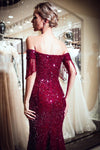 Tassel Cap Sleeves Mermaid Gold Formal Evening Gown with Sequins