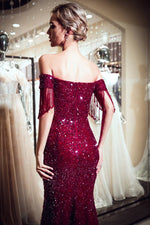 Tassel Cap Sleeves Mermaid Gold Formal Evening Gown with Sequins