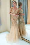 Tassel Cap Sleeves Mermaid Gold Formal Evening Gown with Sequins