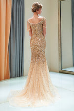 Tassel Cap Sleeves Mermaid Gold Formal Evening Gown with Sequins