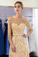 A-Line Sheer 3/4 Sleeves Beading Champagne Prom Dress