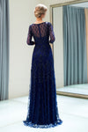 A-Line Sheer 3/4 Sleeves Beading Champagne Prom Dress