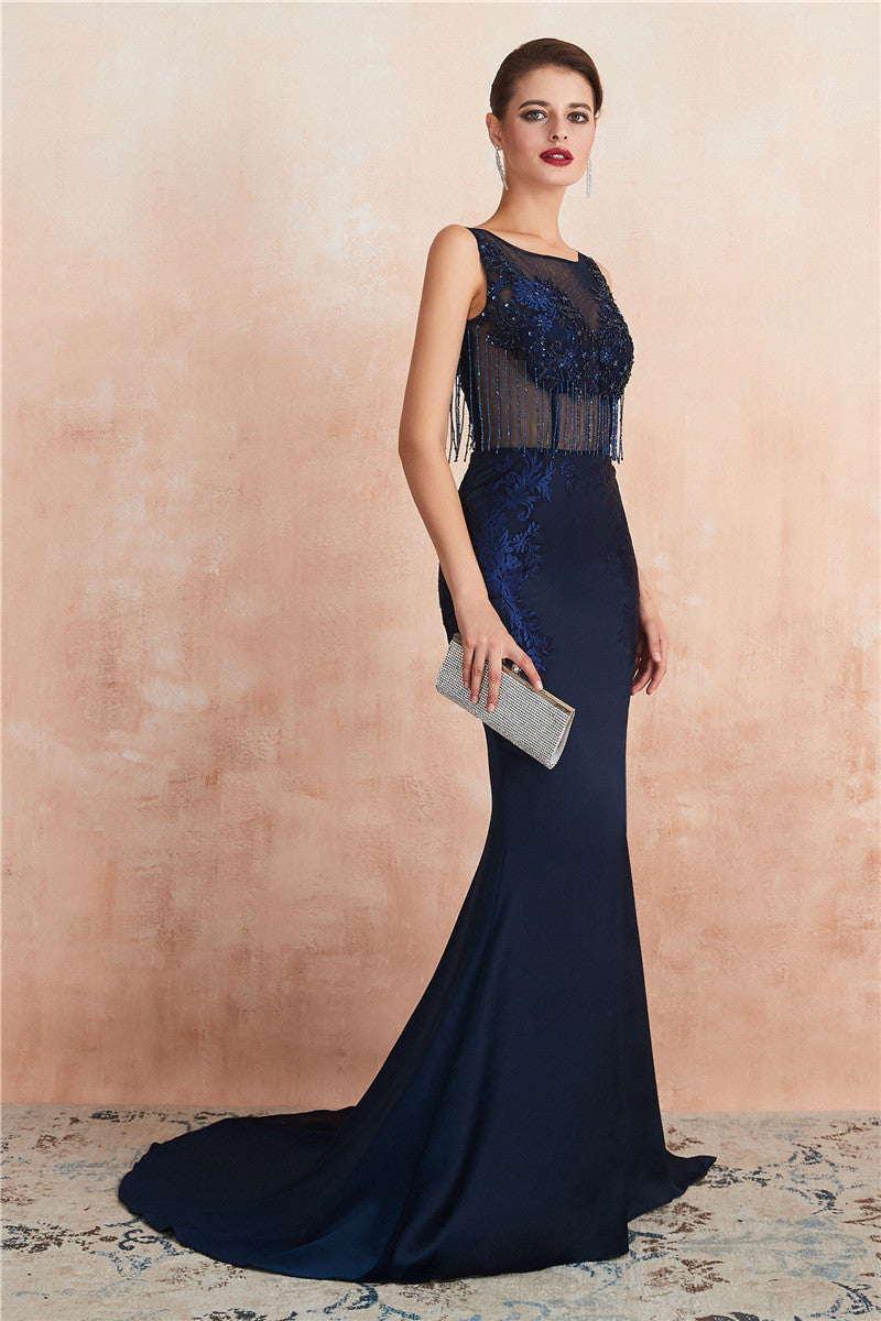 See-Through Tassel Mermaid Evening Dress with Beading FancyVestido See-Through Tassel Mermaid Evening Dress with Beading FancyVestido