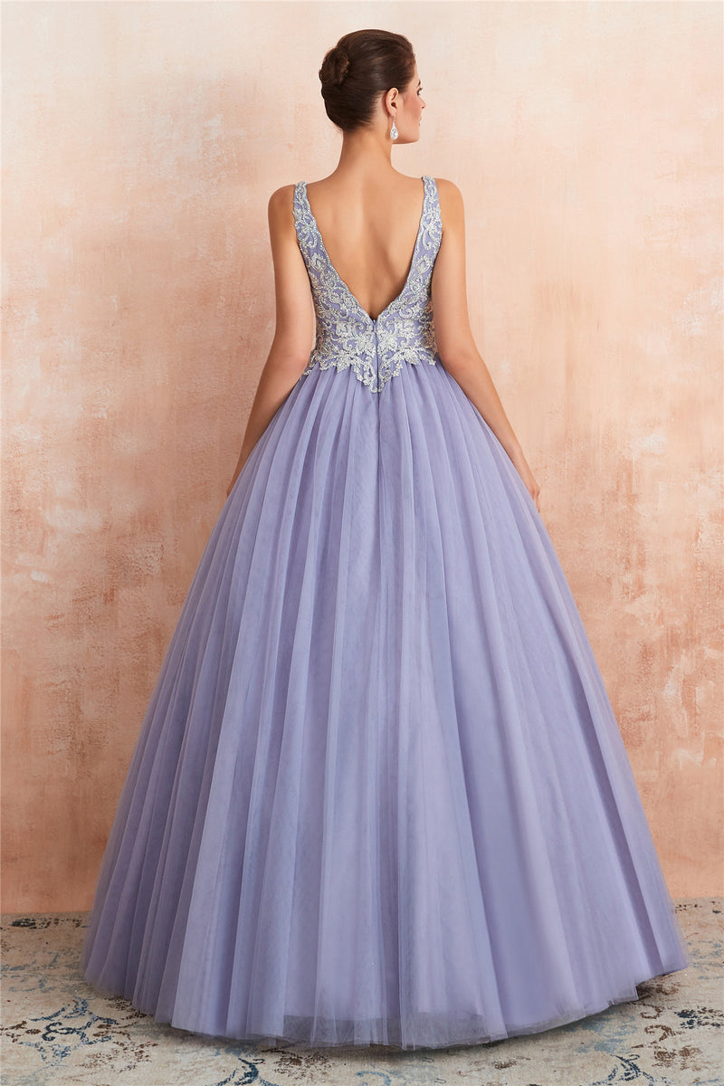 Ball Gown Appliqued Lavender Prom Dress with Beading