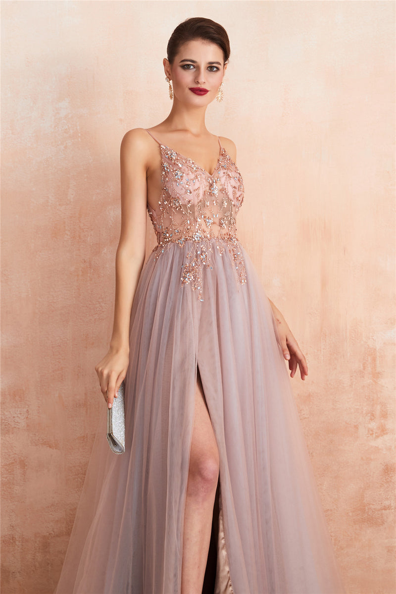 Floral Beaded Rose Wood Tulle Long Prom Dress