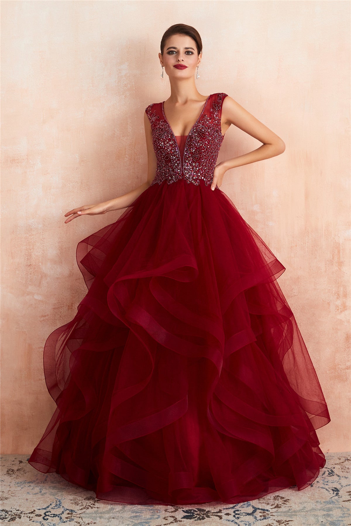 Gorgeous Beading Burgundy Prom Dress with Cascading Ruffles