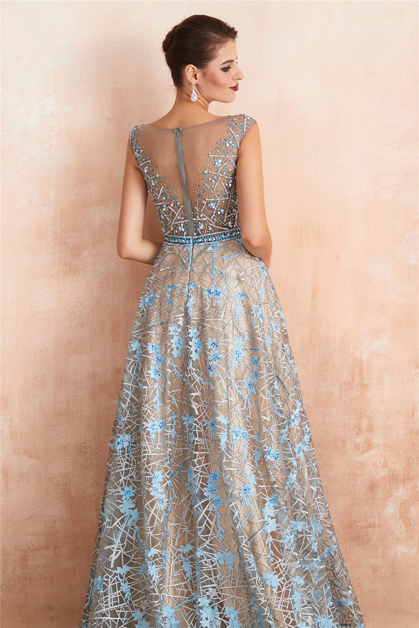 Sexy Sheer Floral Long Prom Dress with Crystals