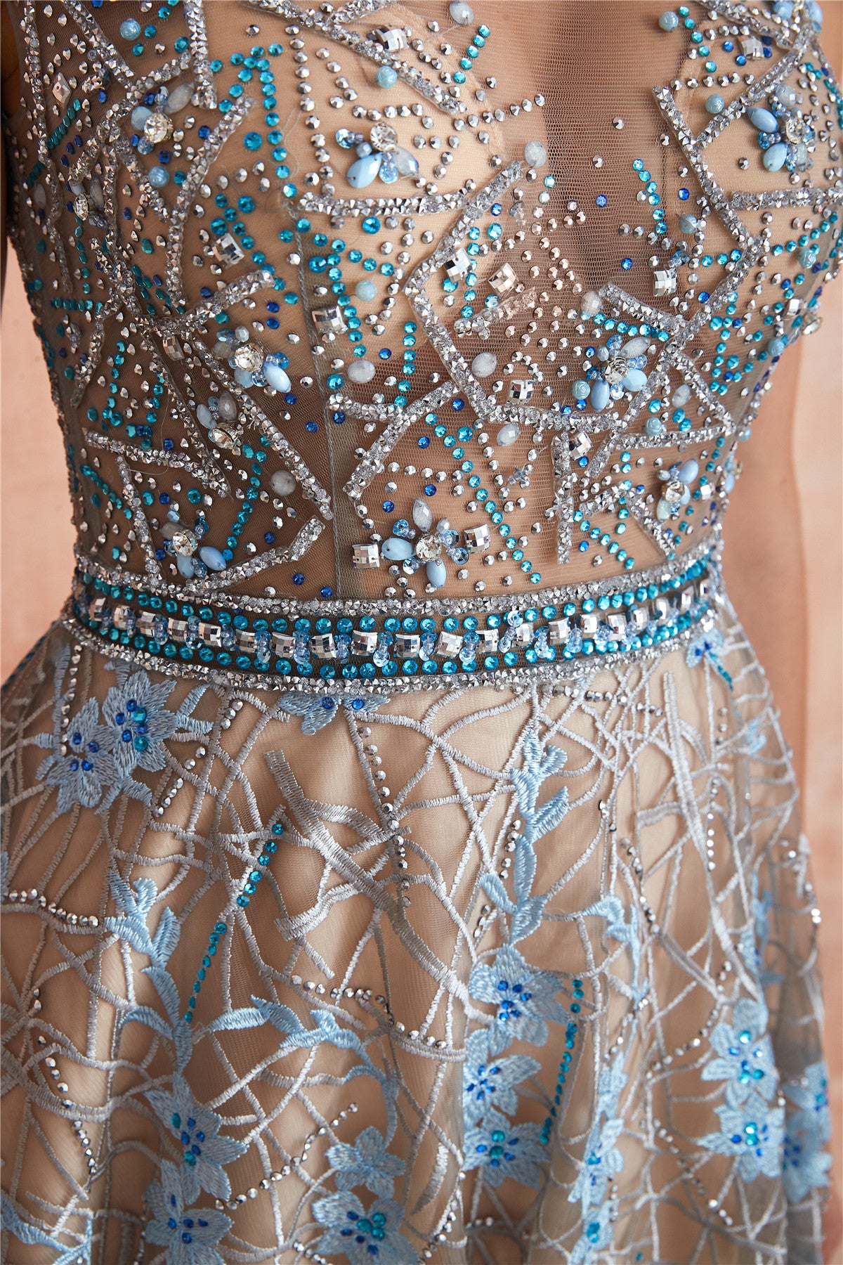 Sexy Sheer Floral Long Prom Dress with Crystals FancyVestido Sexy Sheer Floral Long Prom Dress with Crystals FancyVestido