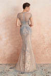 Classic Keyhole Mermaid Short Sleeves Evening Dress with Crystal Beading