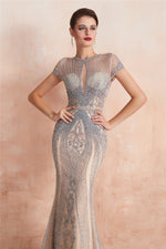 Classic Keyhole Mermaid Short Sleeves Evening Dress with Crystal Beading