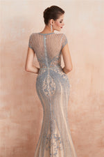 Classic Keyhole Mermaid Short Sleeves Evening Dress with Crystal Beading