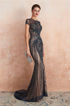 Classic Keyhole Mermaid Short Sleeves Evening Dress with Crystal Beading