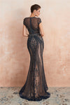 Classic Keyhole Mermaid Short Sleeves Evening Dress with Crystal Beading