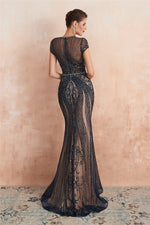 Classic Keyhole Mermaid Short Sleeves Evening Dress with Crystal Beading