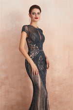 Classic Keyhole Mermaid Short Sleeves Evening Dress with Crystal Beading