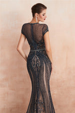 Classic Keyhole Mermaid Short Sleeves Evening Dress with Crystal Beading