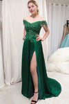 High Slit A-Line Off the Shoulder Emerald Green Long Prom Dress