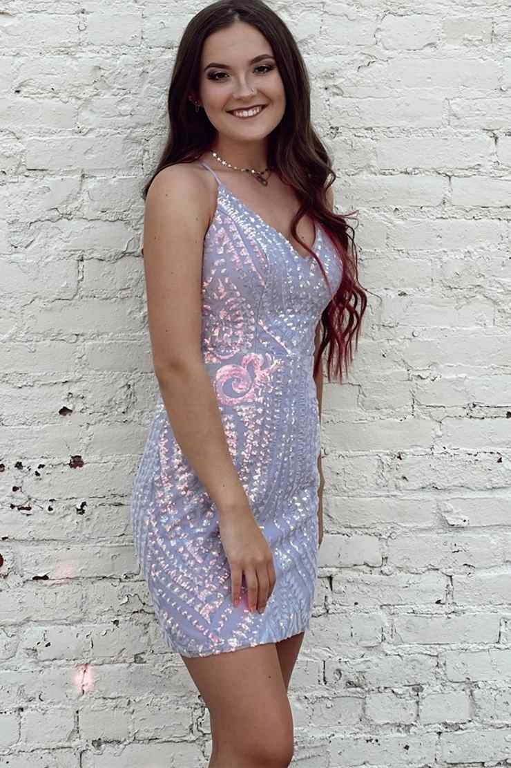 Tight Short Lavender Sequined Homecoming Dress