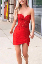 Strapless Red Lace Corset Short Homecoming Dress