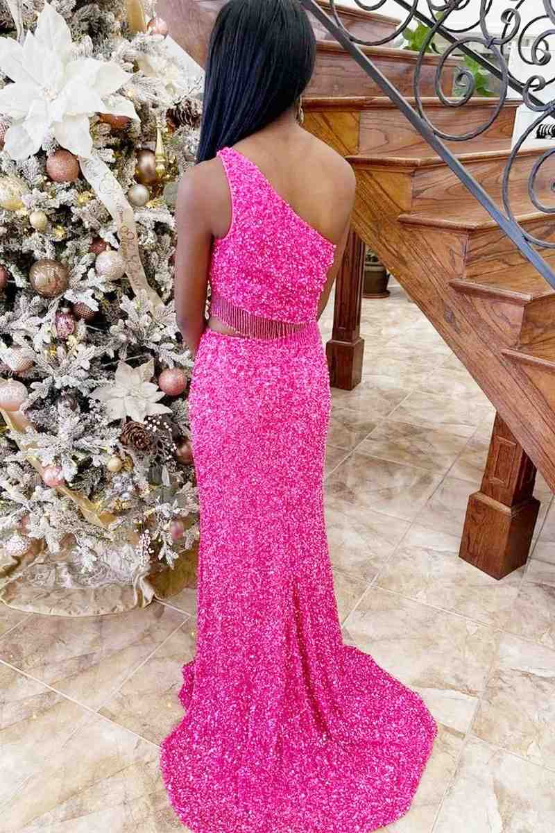 Green Two Piece Sequined One Shoulder Long Party Dress with Tassel