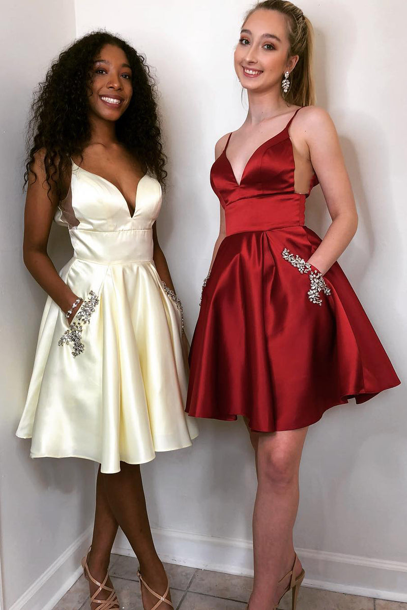 Spaghetti Straps Beading Short Red Homecoming Dress with Pockets