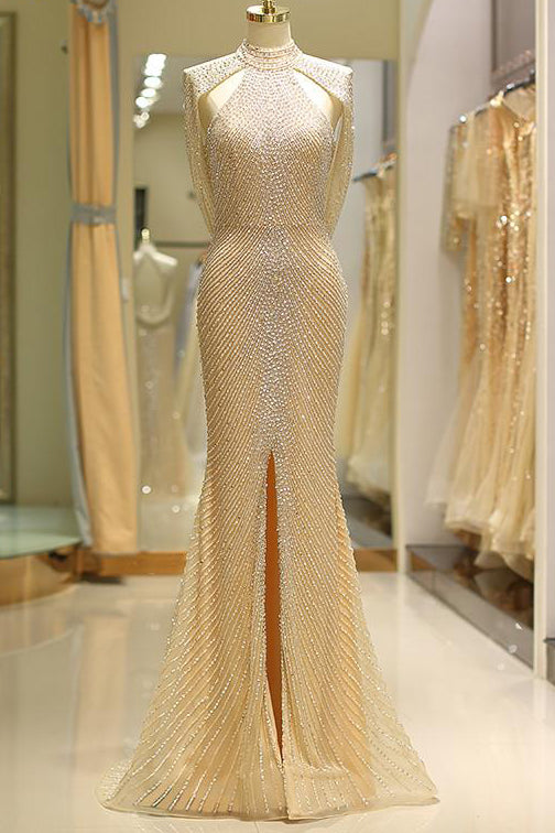 Split-Front Long Gold Prom Dress with Cowl Back