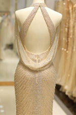 Split-Front Long Gold Prom Dress with Cowl Back