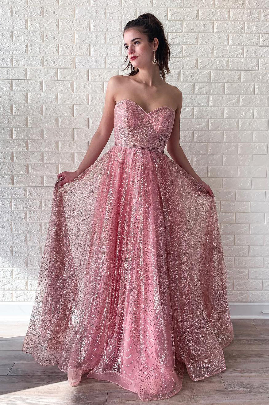 Sparkly Tulle A-Line Sweetheart Strapless Long Party Evening Dress   FancyVestido