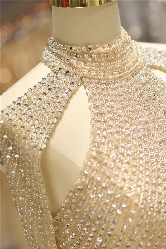 Split-Front Long Gold Prom Dress with Cowl Back