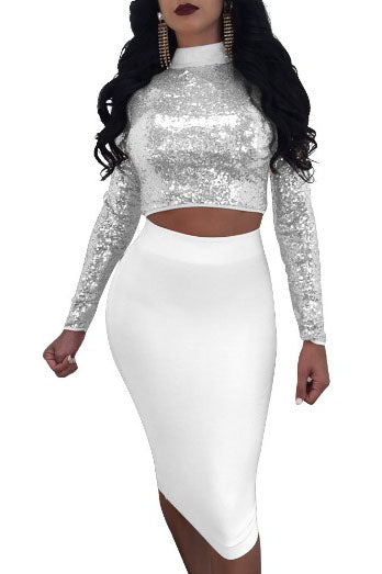 Two Piece Long Sleeves Sequins Convertible Party Dress