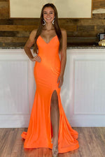 Orange Straps Satin Mermaid Long Prom Dress