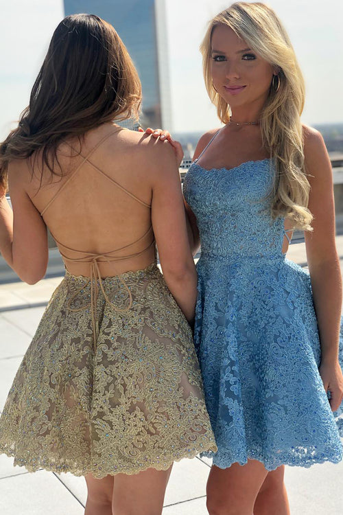 Lace-Up Back Short Gold Lace Homecoming Dress