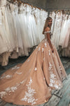 Gorgeous Off the Shoulder Lace Appliques Peach Ball Gown