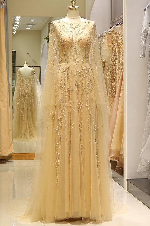 V-Back See-Through Floor Length Gold Prom Evening Gown