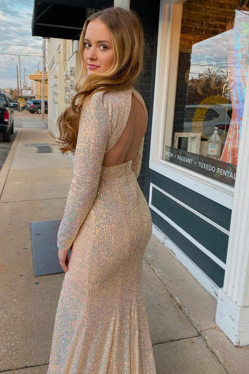 V-Neck Backless Champagne Prom Dress with Long Sleeves