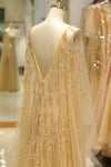 V-Back See-Through Floor Length Gold Prom Evening Gown
