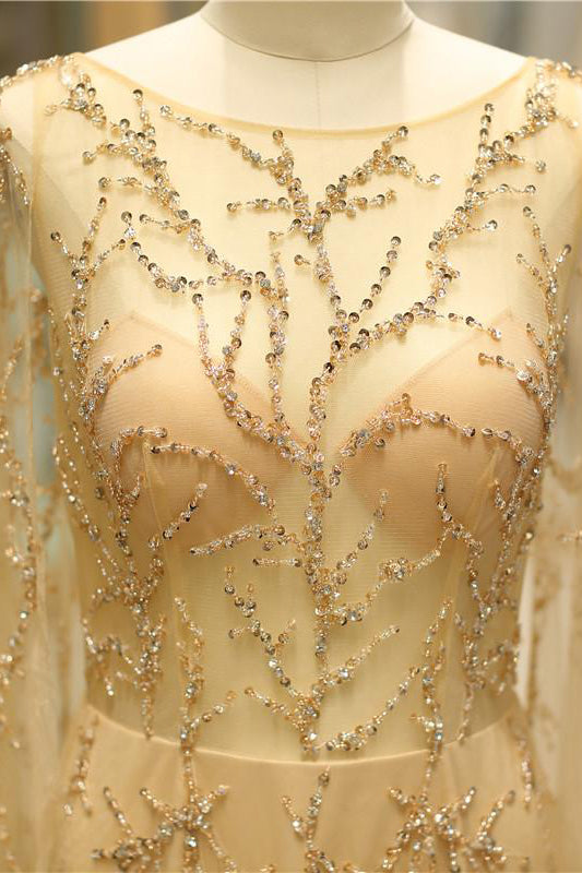 Elegant Beaded Illusion Long Sleeve A-Line Formal Dress