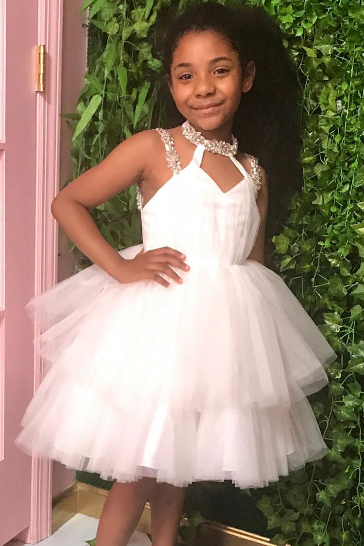 Beaded Straps Tiered White Flower Girl Dress  FancyVestido